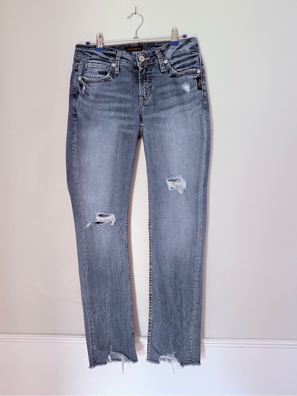 SILVER Jeans 25x27 Medium Blue Wash Straight-Leg Distressed Elysee Ankle Jeans